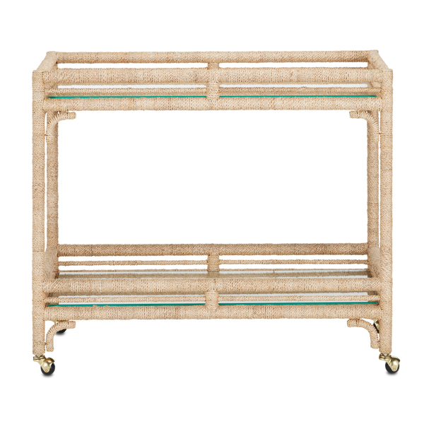 Olisa Natural Rope Bar Cart - Elegant Braided Abaca Design with Glass Shelves & Rolling Casters