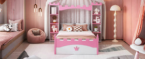 English Elm Castle-Shaped Twin Bed with Crown Footboard and Built-In Shelves, Sturdy MDF/Pine Frame for Kids White+Pink 82 L x 14.25 W x 6.75 H N733S177379K