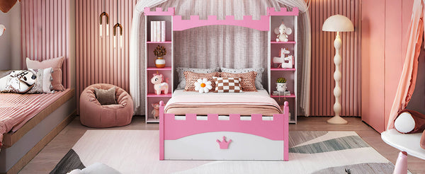 English Elm Castle-Shaped Twin Bed with Crown Footboard and Built-In Shelves, Sturdy MDF/Pine Frame for Kids White+Pink 82 L x 14.25 W x 6.75 H N733S177379K