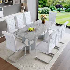 English Elm Modern 9 Piece Glam Dining Set Faux Marble Table Tufted Pvc Chairs Seats Eight Grey,White W3875S00059