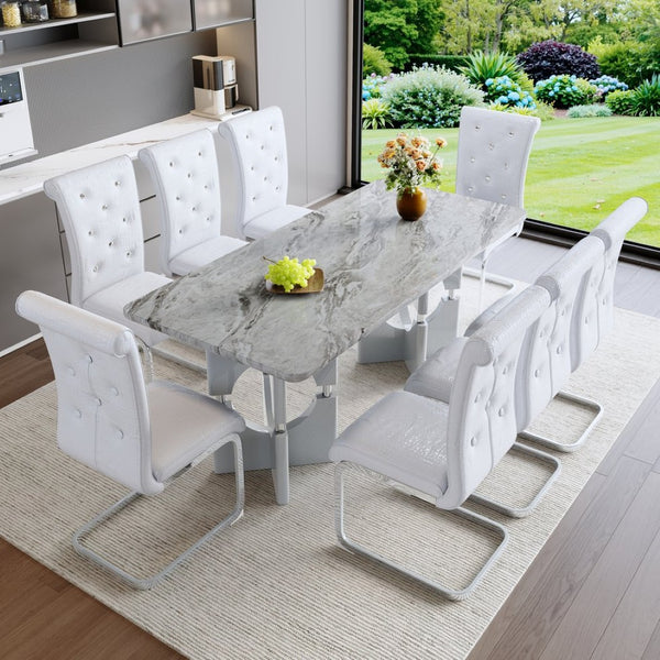 English Elm Modern 9 Piece Glam Dining Set Faux Marble Table Tufted Pvc Chairs Seats Eight Grey,White W3875S00059