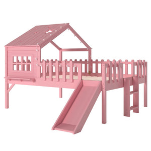 English Elm Twin Playhouse Loft Bed Solid Pine Frame with Slide Led Lights and Star Roof Pink W5316S00006