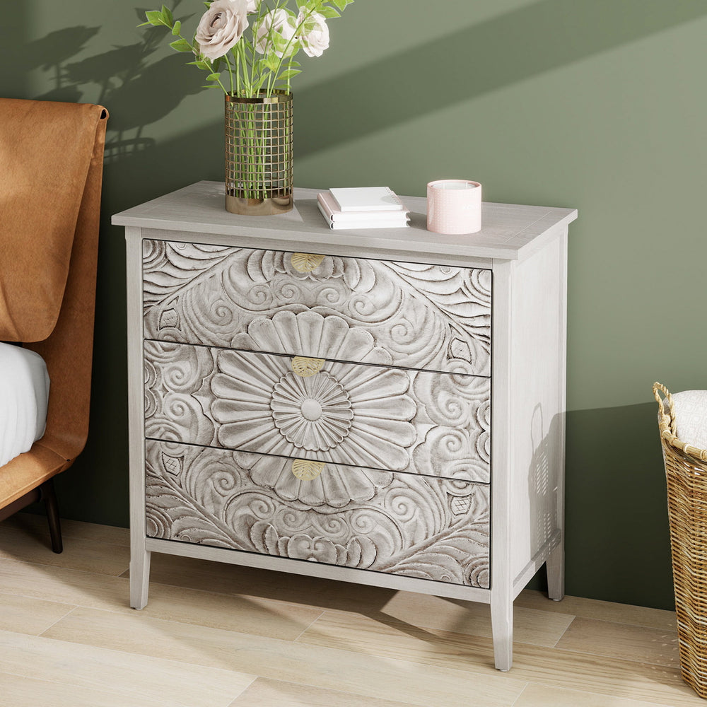 English Elm 3 Drawer Cabinet with Smooth Slide Drawers, Gold Pattern Handles & Anti-Dumping Safety, 37.01"L x 18.71"W x 10.44"H W688P143785