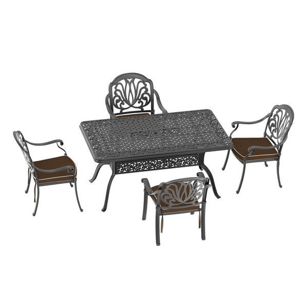 English Elm 5-Piece Cast Aluminum Patio Furniture Set With Brown Cushions, Umbrella Hole, Stacking Chairs W1710S00145