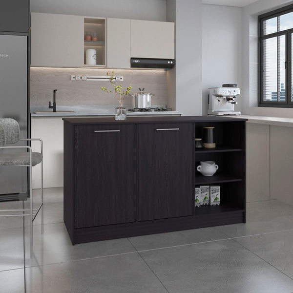 English Elm Kitchen Island With Two Cabinets & Three Open Shelves – Stylish, Eco-Friendly, And Spacious Design! B097S00198