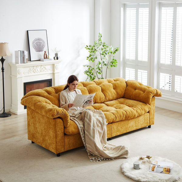 English Elm 99.2" Chenille Modern Deep Seat Sofa with Cloud-Like Cushioning, Zippered Arm Pads & Solid Wood Frame Yellow W1193S00151