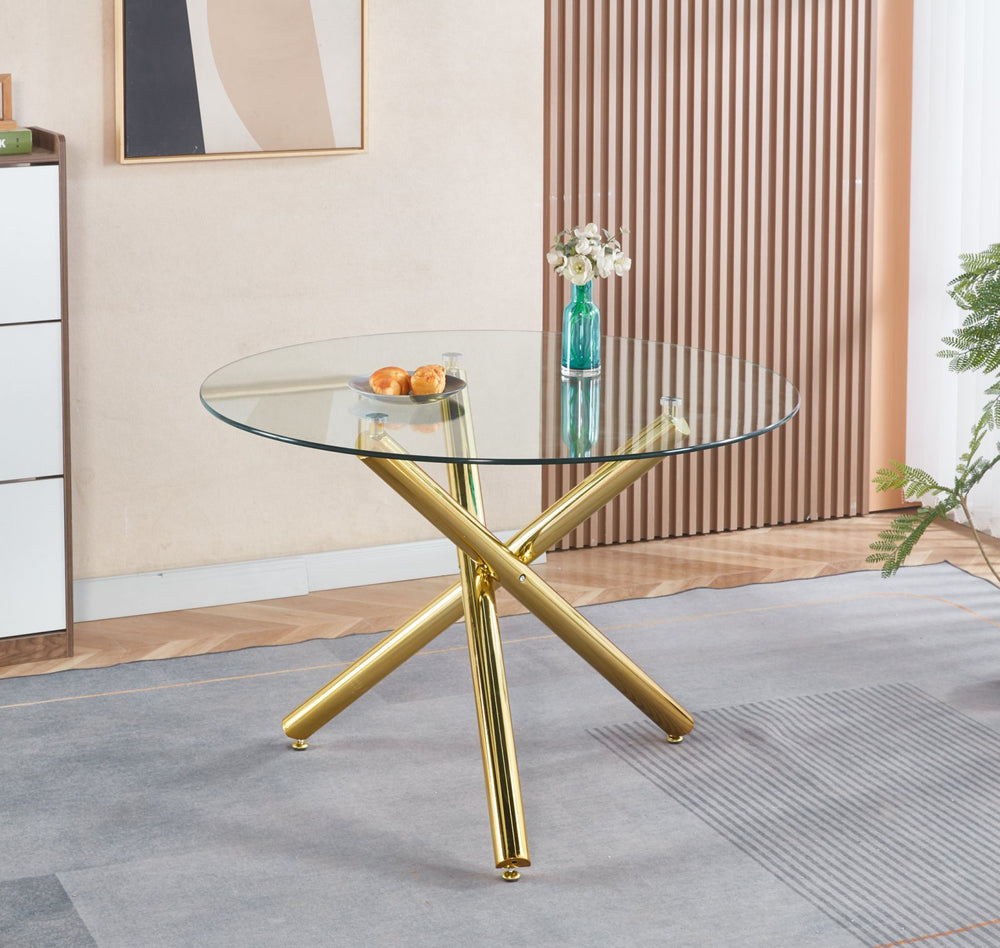 English Elm Golden Glass Dining Table with Metal Legs – Modern Space-Saving 110x110x75cm Chic Durable Design W234P288308