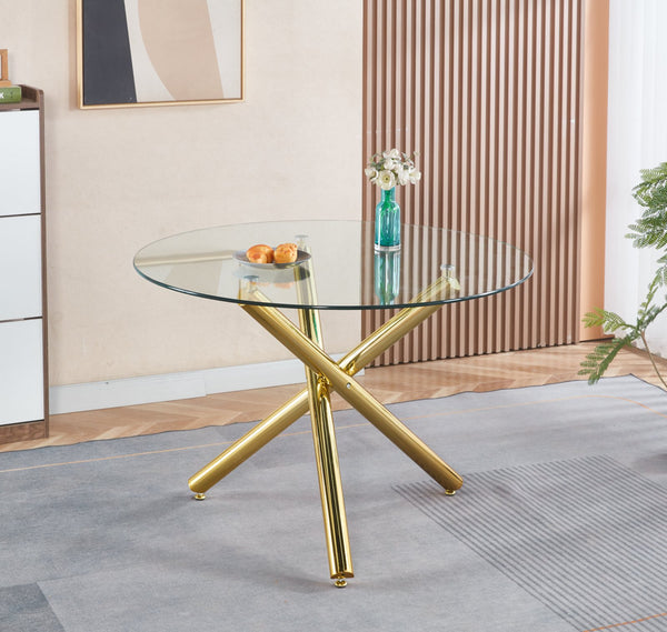 English Elm Golden Glass Dining Table with Metal Legs – Modern Space-Saving 110x110x75cm Chic Durable Design W234P288308