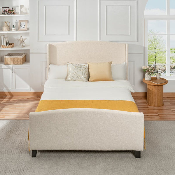 English Elm Queen Platform Bed Teddy Velvet Upholstered Tall Headboard Solid Wood Legs Modern W1716P335671