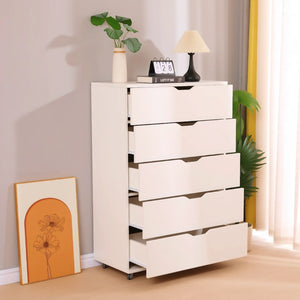 English Elm White Five Drawer Rolling Storage Cabinet with Sleek Cutout Handles for Any Room B372P407630