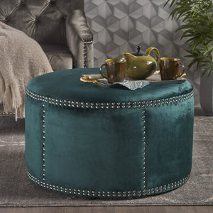 English Elm Christopher Knight Home® - OTTOMAN Teal Velvet Round Studded Accent Ottoman — Plush 100% Polyester Footrest, Stylish Focal Point (29.5" x 18.5") 61017.00