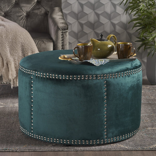 English Elm Christopher Knight Home® - OTTOMAN Teal Velvet Round Studded Accent Ottoman — Plush 100% Polyester Footrest, Stylish Focal Point (29.5" x 18.5") 61017.00
