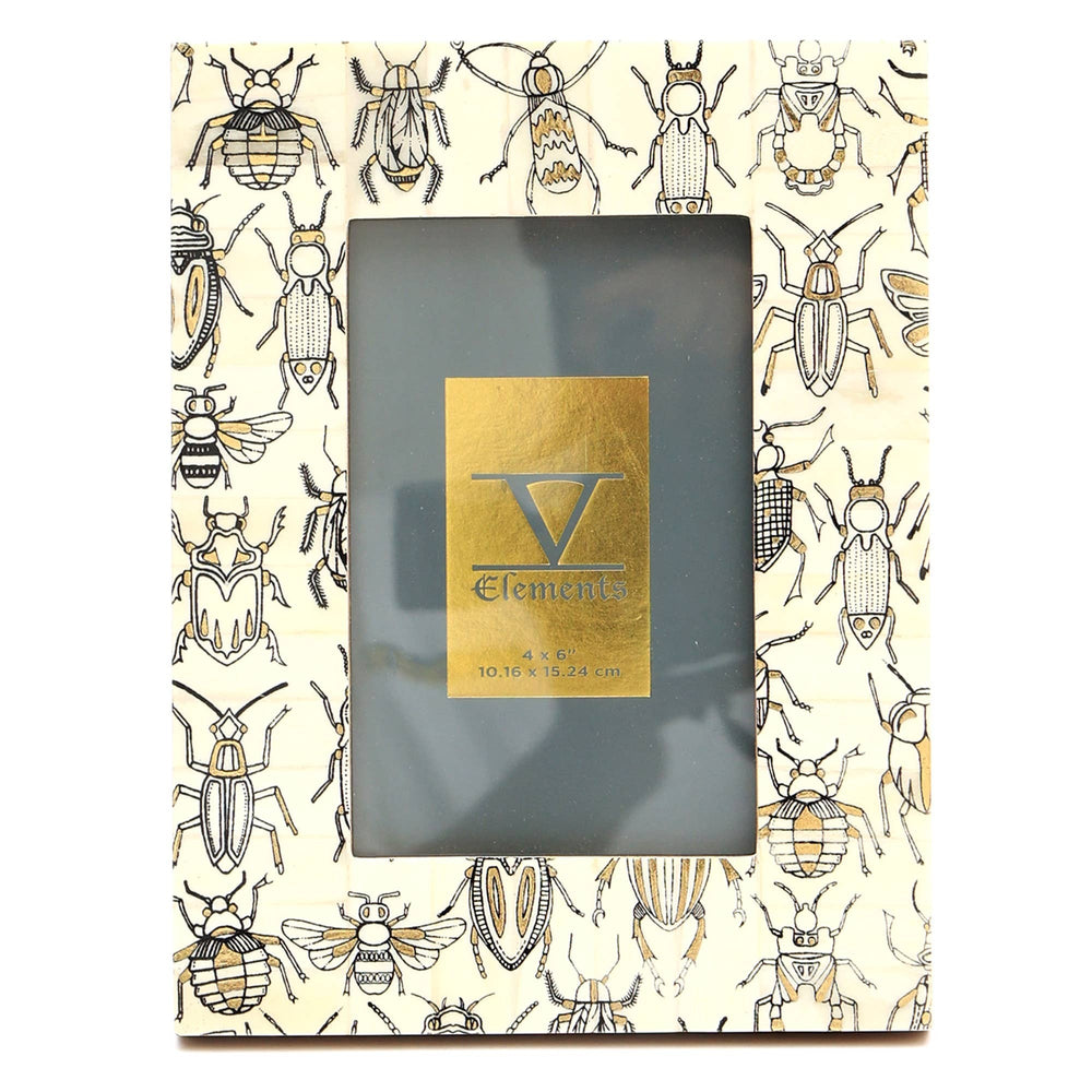 English Elm Decorative White Bone Tabletop Photo Frame 4x6 with Insect Pattern, Wood Accents, Elegant Display B346P336815