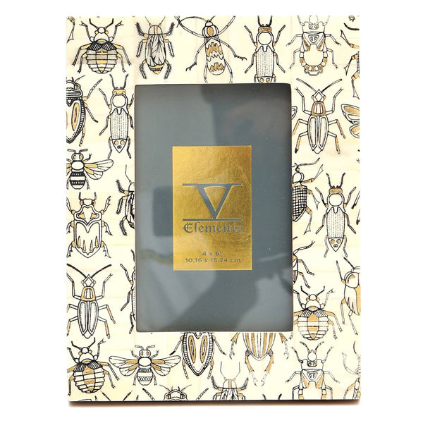 English Elm Decorative White Bone Tabletop Photo Frame 4x6 with Insect Pattern, Wood Accents, Elegant Display B346P336815