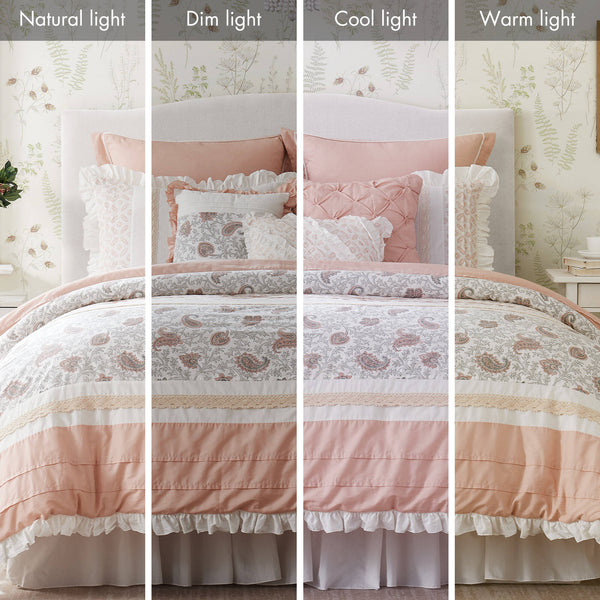 English Elm 9 Piece Cotton Percale Comforter Set In Blush King - Elegant Shabby-Chic Design With Decorative Accents B03597158