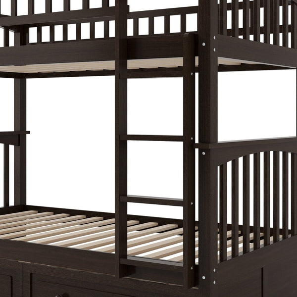 English Elm Twin Over Solid Pine Bunk Bed with Rolling Drawers and Convertible Platform GX000240AAP