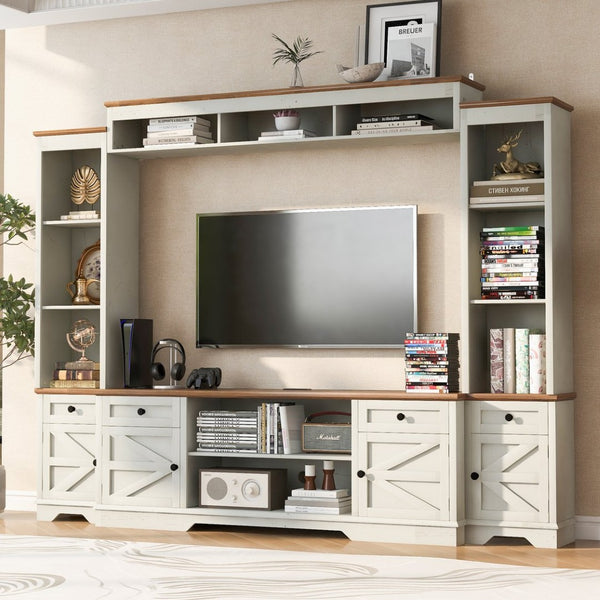 English Elm U-can Farmhouse Wall Unit with Barn Doors Built-in Power Outlets and Open Shelving White+Walnut SJ000154AAK