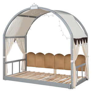 English Elm Twin Pinewood Ground-Level Canopy Bed with Arched Roof and Trundle for Kids—Whimsical, Sturdy Design Gray N820P181648E