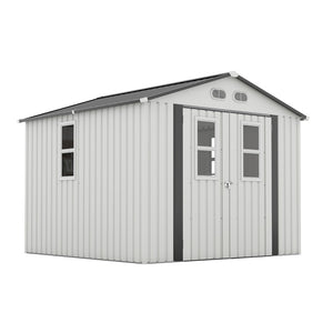 English Elm Outdoor Metal Storage Shed 8x8 Ft with Four Windows and Lockable Double Doors White W1598S00037