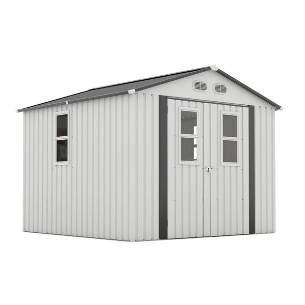 English Elm Outdoor Metal Storage Shed 8x8 Ft with Four Windows and Lockable Double Doors White W1598S00037