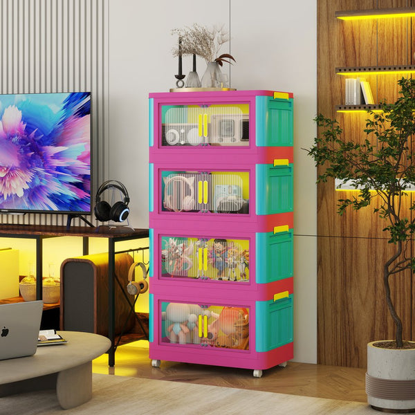 English Elm Happy 20" Side Wide Folding Storage Cabinet with 5 Tiers, Wheels, Magnetic Door, Durable PP Design Pink+Blue W2873P279886