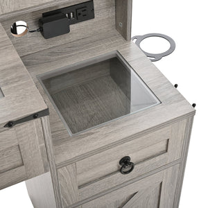 English Elm Farmhouse LED Vanity Desk with Sliding Mirror, Glass Top Storage, Built-In Charging Station & Stool Gray 37 L x 18.5 W x 13 H N733P340562G