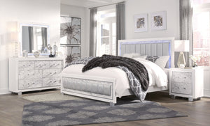 English Elm SKYE Luxurious Marble-Accented King Bed with Padded LED Headboard, Solid Wood Frame, Panel Design White 65.75 L x 4.72 W x 25.98 H B201S00118