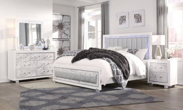 English Elm SKYE Luxurious Marble-Accented King Bed with Padded LED Headboard, Solid Wood Frame, Panel Design White 65.75 L x 4.72 W x 25.98 H B201S00118