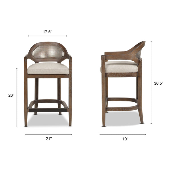English Elm Jennifer Taylor Home - Americana Mid-Century Modern 26" Cane Back Counter Stool – Stylish Taupe-Biege Upholstery & Oak Frame B2719P238383