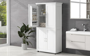 English Elm Tall White Bathroom Storage Cabinet - 4-Door Freestanding MDF Unit, Adjustable Shelves, Slim 61.8" x 18.3" x 7.5" WF323345AAK