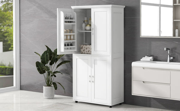 English Elm Tall White Bathroom Storage Cabinet - 4-Door Freestanding MDF Unit, Adjustable Shelves, Slim 61.8" x 18.3" x 7.5" WF323345AAK