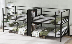 English Elm Queen Size Quadruple Metal Bunk Bed With Storage, Noise-Reducing Design & Sturdy Black Frame W1580S00156-GIGA