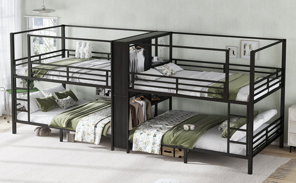 English Elm Queen Size Quadruple Metal Bunk Bed With Storage, Noise-Reducing Design & Sturdy Black Frame W1580S00156-GIGA