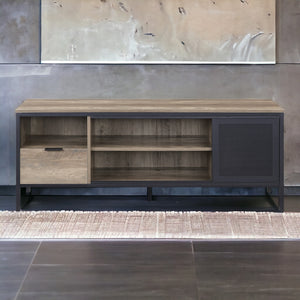 English Elm Nantan Rustic Oak TV Stand with Black Metal Frame, 1 Drawer & 4 Compartments for Up to 50" B2726P278164