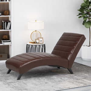 English Elm Christopher Knight Home® - FINLAY Curved PU Chaise Lounge with Birch Legs — Ergonomic Faux Leather Seat for Modern Comfort and Style Dark Brown 43.5 L x 26.5 W x 14.5 H 70507.00DBRN