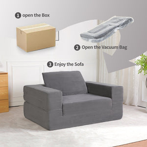 English Elm Compression Human Dog Sofa Bed 3-in-1 Folding Corduroy Floor Couch with Memory Foam Pillow for Living Room DARK GREY W3723P376784