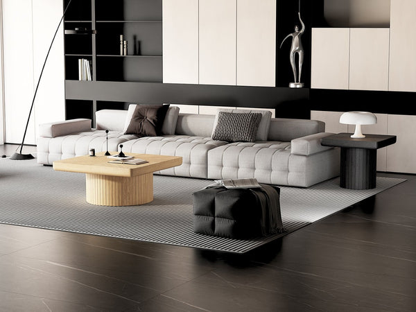 English Elm Modern Parquet Wood Nesting Coffee Tables Sculptural Fluted Pedestal Living Room Set Black+Natural W1435S00033