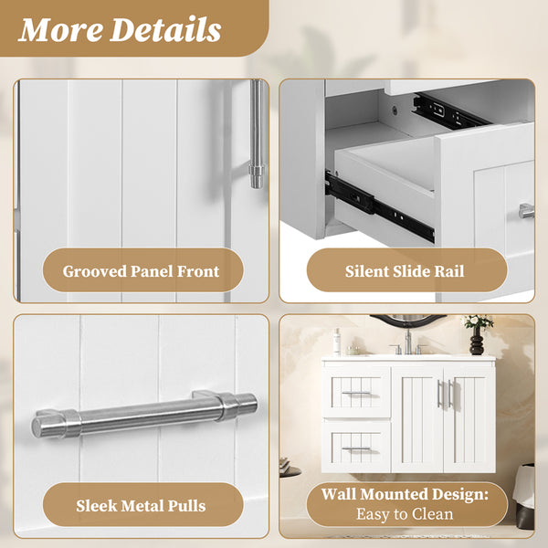 English Elm 36'' Wall Mounted Bathroom Vanity with Ceramic Sink, Solid Wood & MDF Floating Cabinet with Drawers White N710P293299K