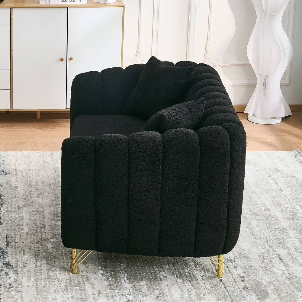 English Elm 63" Chenille Loveseat Sofa Luxury 2-Seater Deep Tufted Couch with Gold Metal Legs and Pillows Black W3373S00037