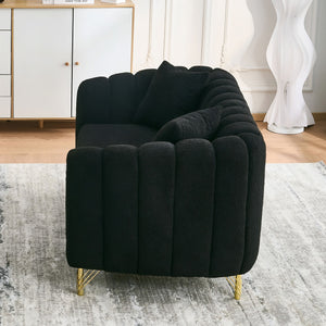 English Elm 63" Chenille Loveseat Sofa Luxury 2-Seater Deep Tufted Couch with Gold Metal Legs and Pillows Black W3373S00037