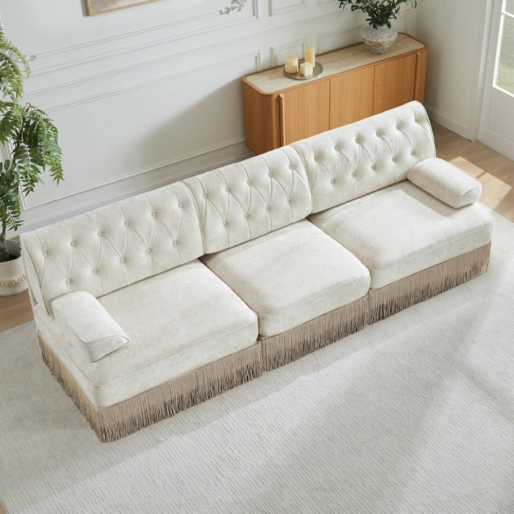 English Elm 3-seater Velvet Sofa with Button Tufting Tassel Fringe Skirt Modular Living Room Design Beige W714S01684