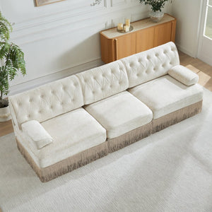 English Elm 3-seater Velvet Sofa with Button Tufting Tassel Fringe Skirt Modular Living Room Design Beige W714S01684