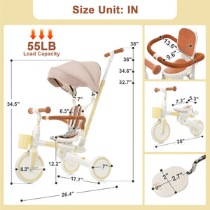English Elm 7 in 1 Convertible Toddler Tricycle Aluminum Frame Push Trike with Rotating Seat Canopy Yellow N726P300636Y