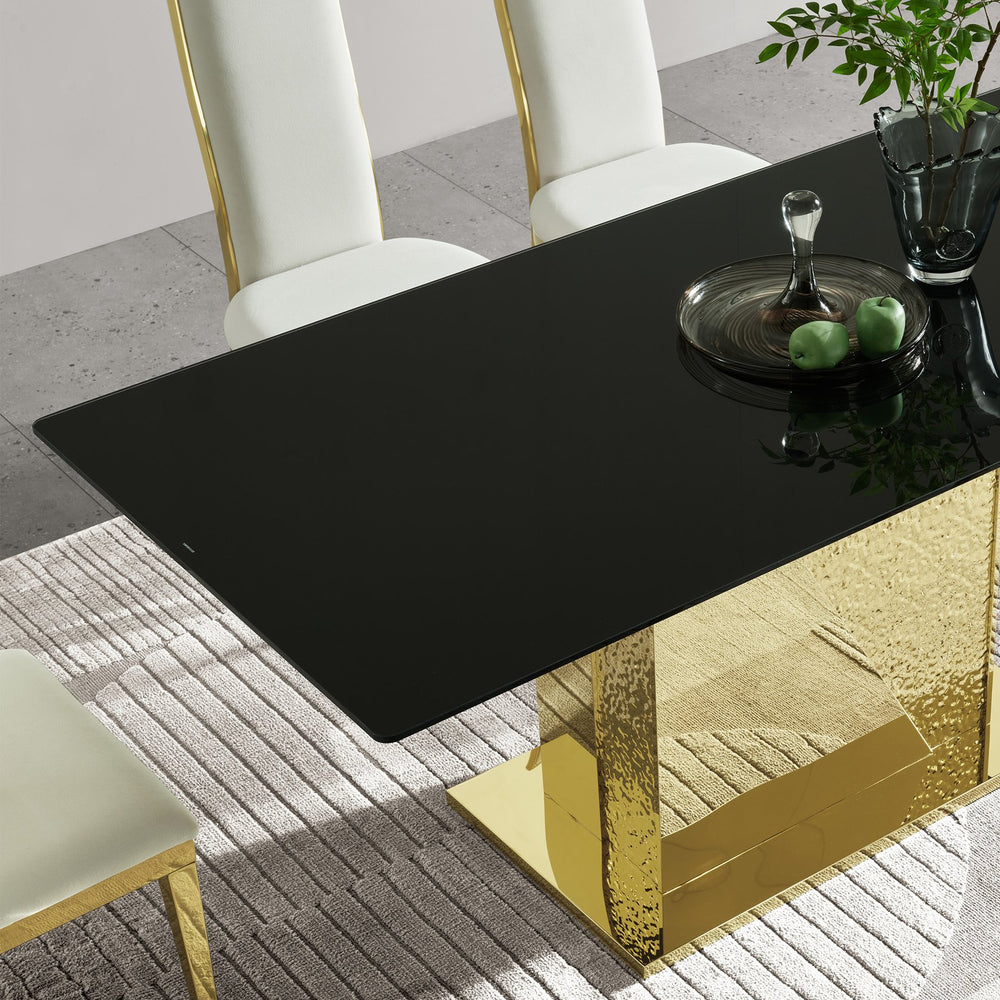 English Elm Gold Stainless Steel Dining Table With 70.08" Black Tempered Glass Top - Modern Elegance Redefined! W2723S00044
