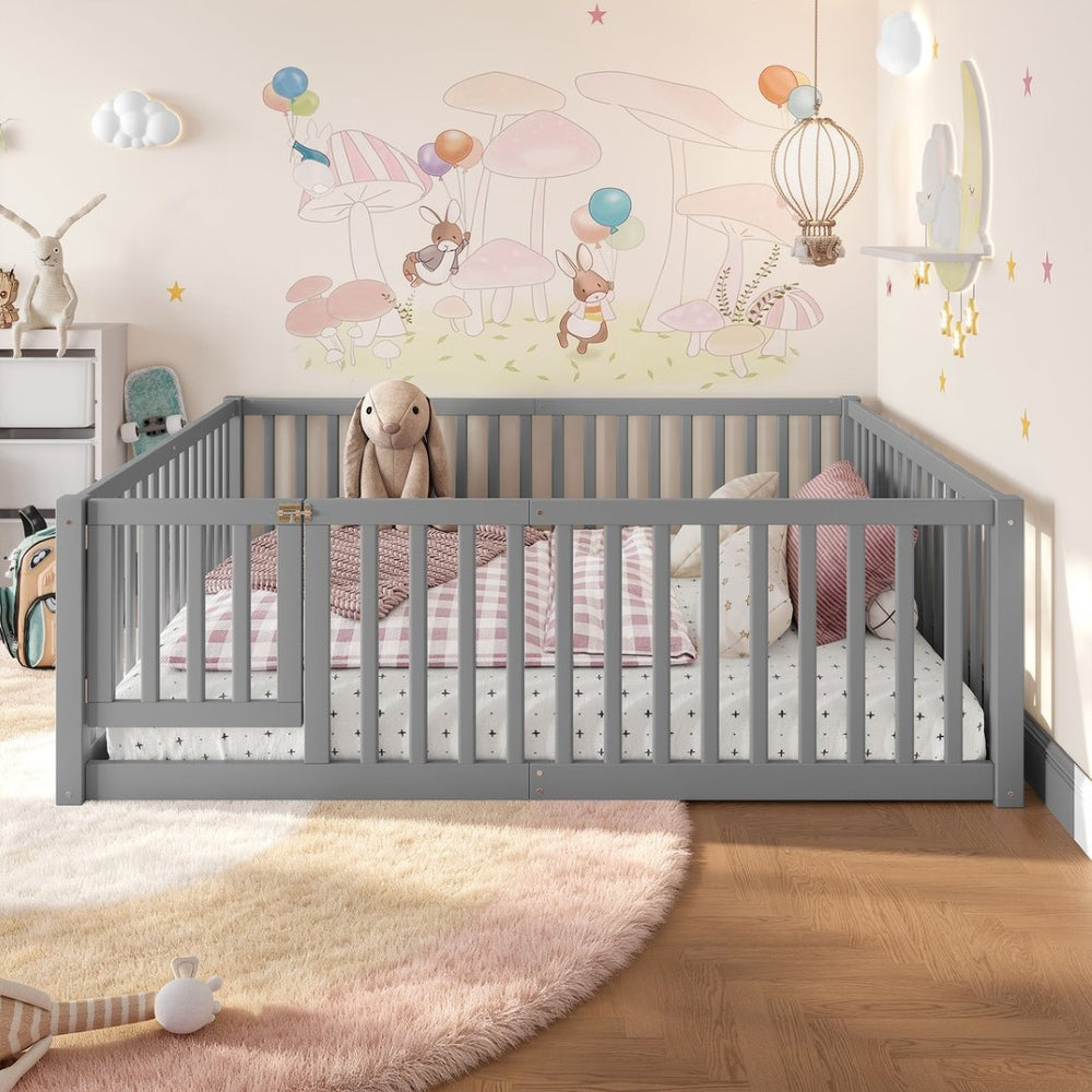 English Elm Twin Floor Bed Pine Wood Frame with Guardrails and Door for Safe Toddler Sleep Gray W1580P418052
