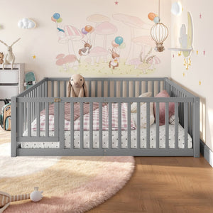 English Elm Twin Floor Bed Pine Wood Frame with Guardrails and Door for Safe Toddler Sleep Gray W1580P418052
