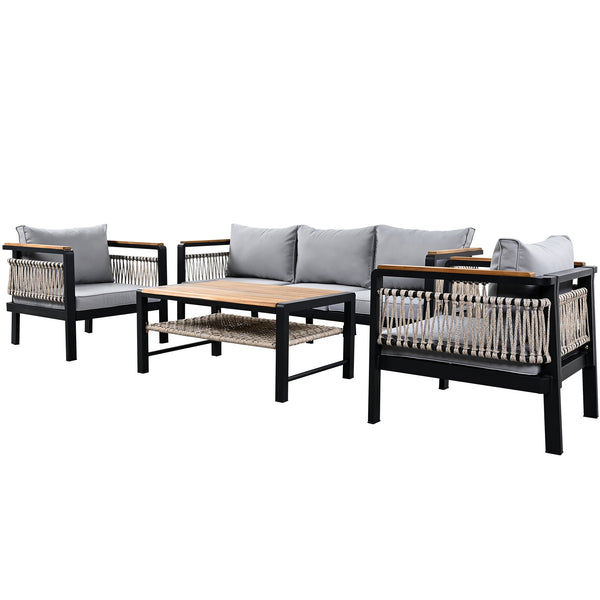 English Elm 4 Pieces Outdoor Sectional Sofa Set with Water-Resistant Cushions, Woven Rope Detail & Acacia Table Grey N719Z000130E