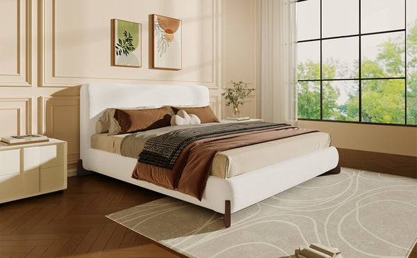English Elm Elegant Boucle Platform Bed with Wood Legs Textured Upholstery King Bedroom N769K333730B