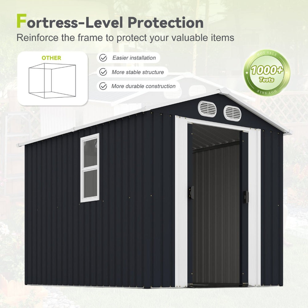 English Elm Campcraft 8x6 Outdoor Metal Storage Shed with Lockable Doors and Ventilation for Backyard Dark Gray W1598S00044