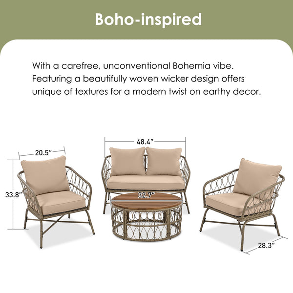 English Elm GO Bohemia woven 4-person patio conversation set with removable water-resistant cushions, oval acacia tabletop and adjustable feet for comfy, stylish outdoor lounging FG201236AAA